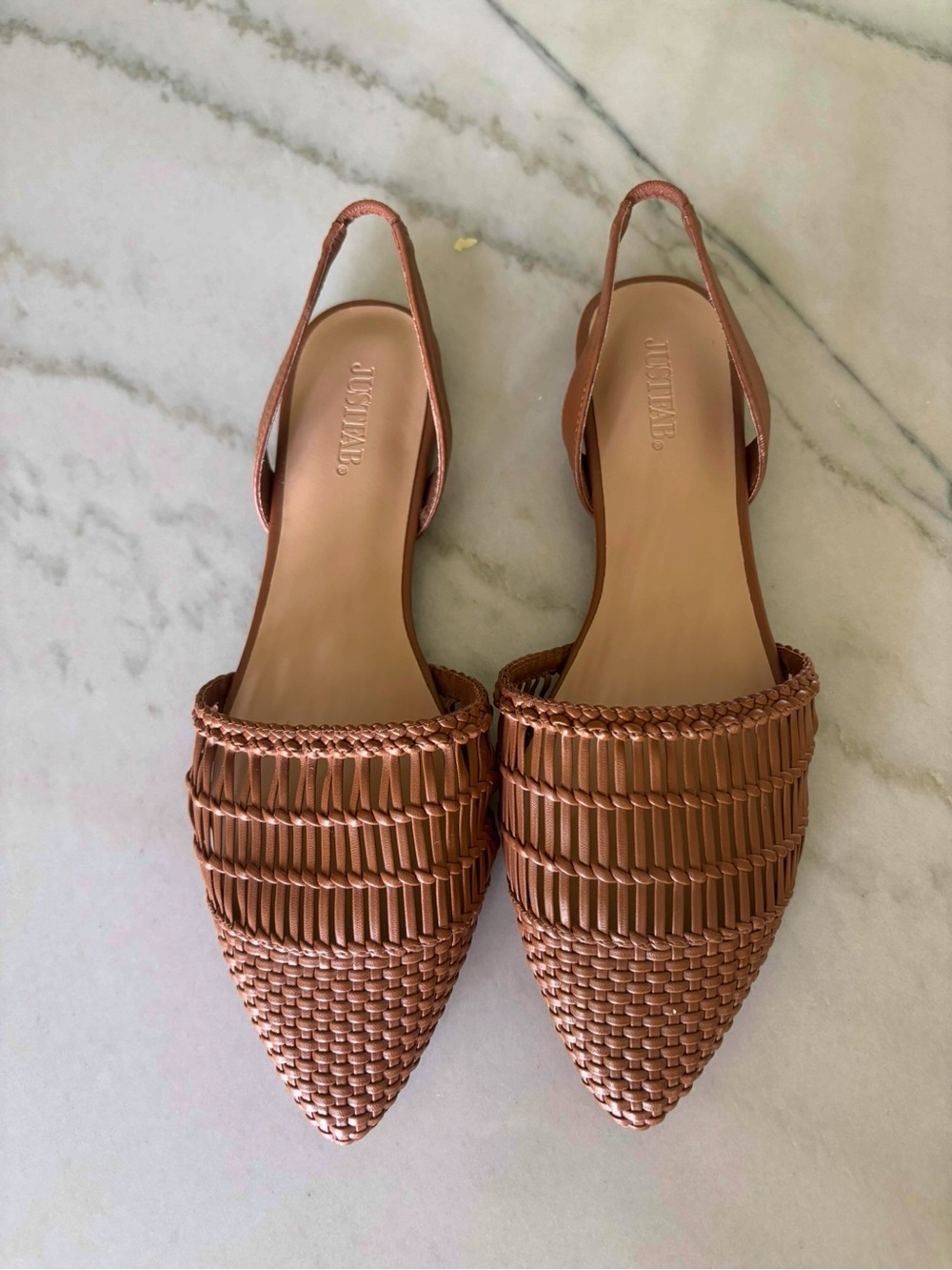 JustFab Tan Cognac Woven Huarache Pointed Toe Slingback Flats Cottagecore 8.5